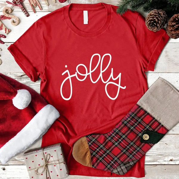 May include a unisex t-shirt featuring a festive “Jolly” Christmas graphic, designed in soft cotton for cheerful holiday wear.