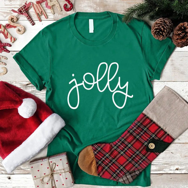 May include a unisex t-shirt featuring a festive “Jolly” Christmas graphic, designed in soft cotton for cheerful holiday wear.