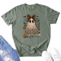 May include lace ghost Halloween graphic with black eyes, orange striped bow, pumpkins, spider web, bats, flowers, and open spell book – spooky vintage shirt design.