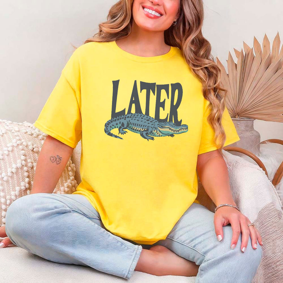 May include Later Gator Vintage 90s unisex t-shirt with retro alligator graphic, classic crew neck, and soft cotton fabric