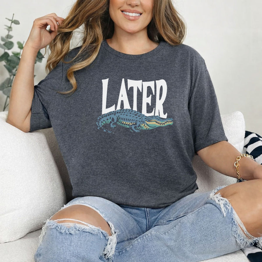 May include Later Gator Vintage 90s unisex t-shirt with retro alligator graphic, classic crew neck, and soft cotton fabric