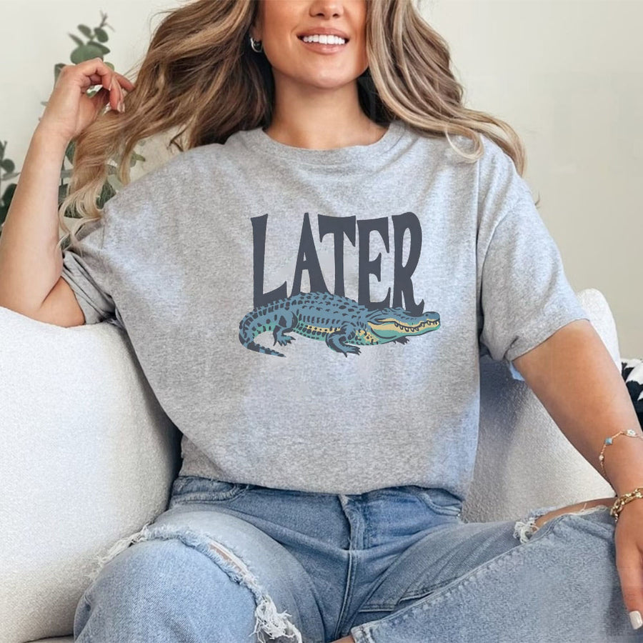 May include Later Gator Vintage 90s unisex t-shirt with retro alligator graphic, classic crew neck, and soft cotton fabric