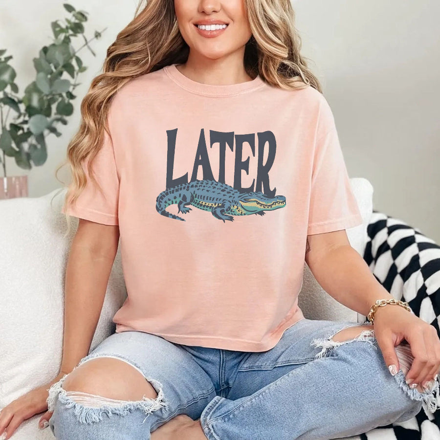 May include Later Gator Vintage 90s unisex t-shirt with retro alligator graphic, classic crew neck, and soft cotton fabric