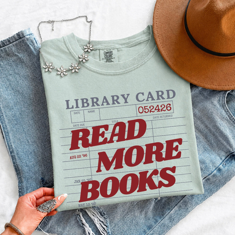 May include Library Card Comfort Colors unisex t-shirt with bookish graphic, relaxed fit, and soft garment-dyed cotton