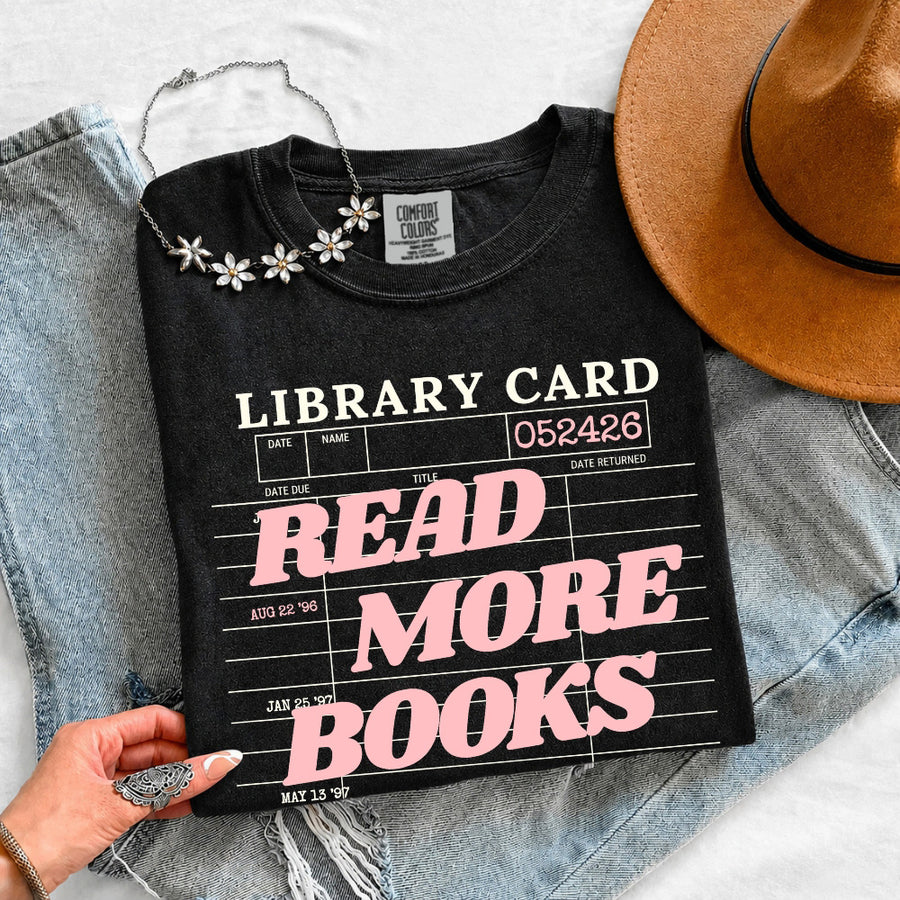 May include Library Card Comfort Colors unisex t-shirt with bookish graphic, relaxed fit, and soft garment-dyed cotton