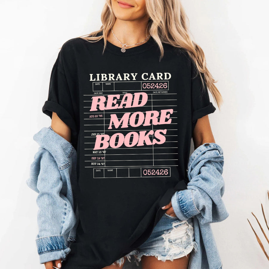 May include Library Card Comfort Colors unisex t-shirt with bookish graphic, relaxed fit, and soft garment-dyed cotton