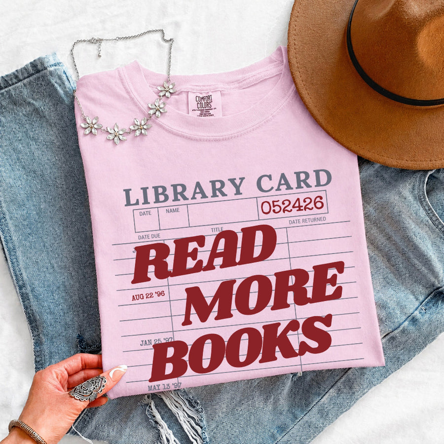 May include Library Card Comfort Colors unisex t-shirt with bookish graphic, relaxed fit, and soft garment-dyed cotton