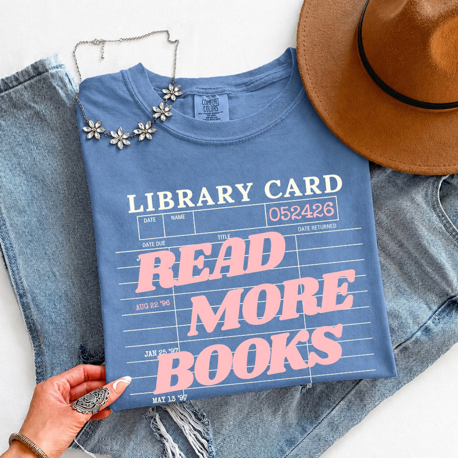 May include Library Card Comfort Colors unisex t-shirt with bookish graphic, relaxed fit, and soft garment-dyed cotton