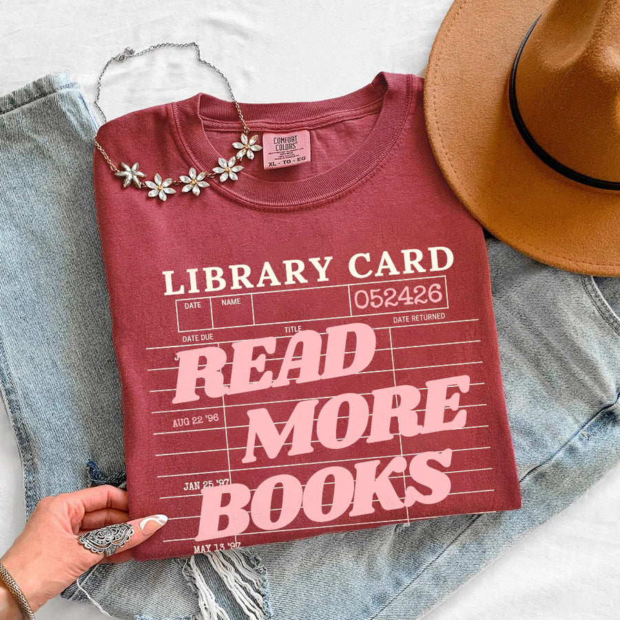 May include Library Card Comfort Colors unisex t-shirt with bookish graphic, relaxed fit, and soft garment-dyed cotton