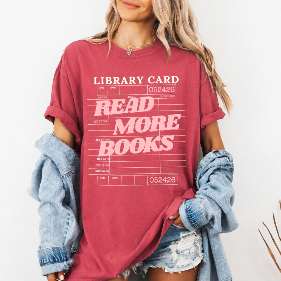 May include Library Card Comfort Colors unisex t-shirt with bookish graphic, relaxed fit, and soft garment-dyed cotton