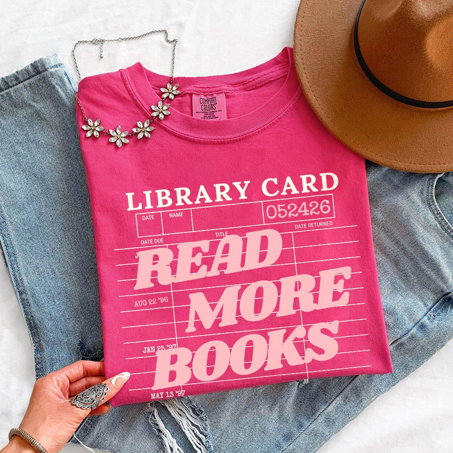 May include Library Card Comfort Colors unisex t-shirt with bookish graphic, relaxed fit, and soft garment-dyed cotton