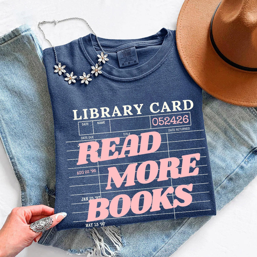 May include Library Card Comfort Colors unisex t-shirt with bookish graphic, relaxed fit, and soft garment-dyed cotton