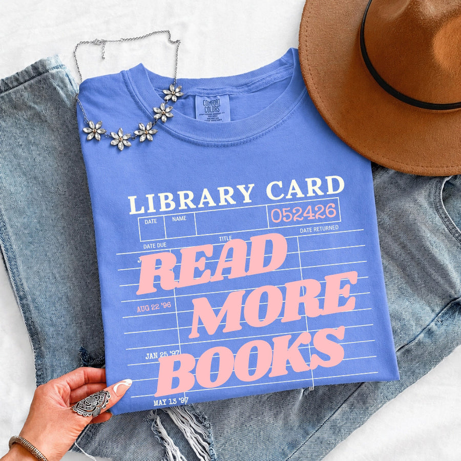 May include Library Card Comfort Colors unisex t-shirt with bookish graphic, relaxed fit, and soft garment-dyed cotton