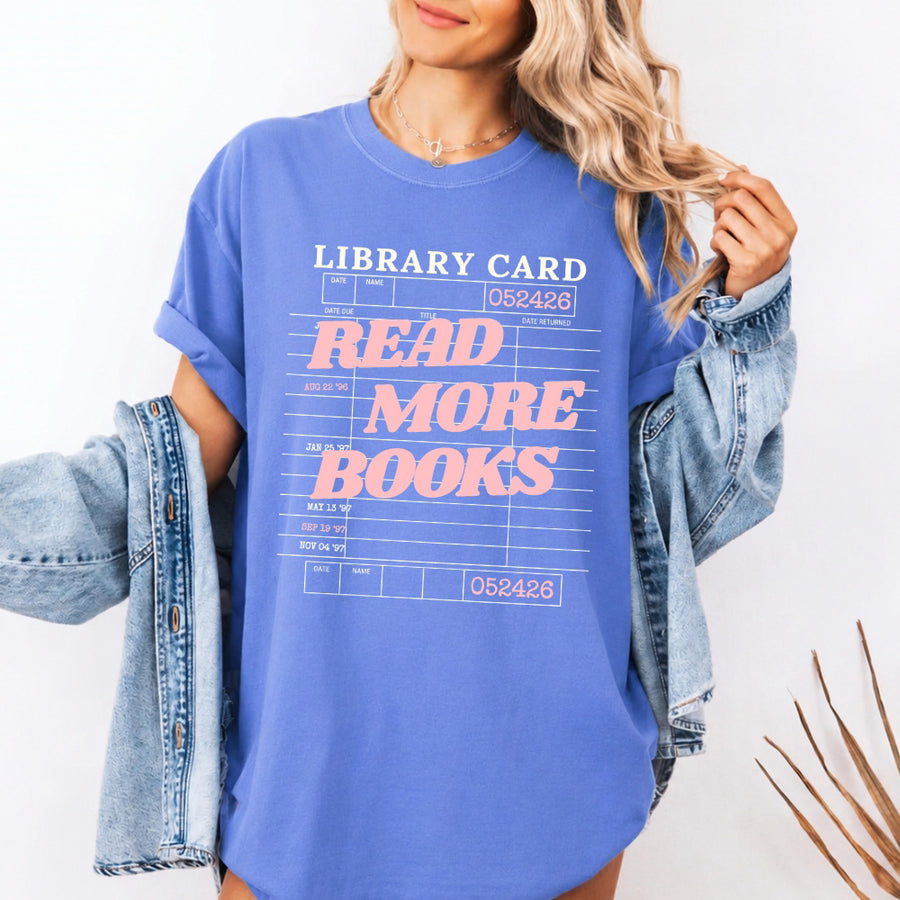 May include Library Card Comfort Colors unisex t-shirt with bookish graphic, relaxed fit, and soft garment-dyed cotton