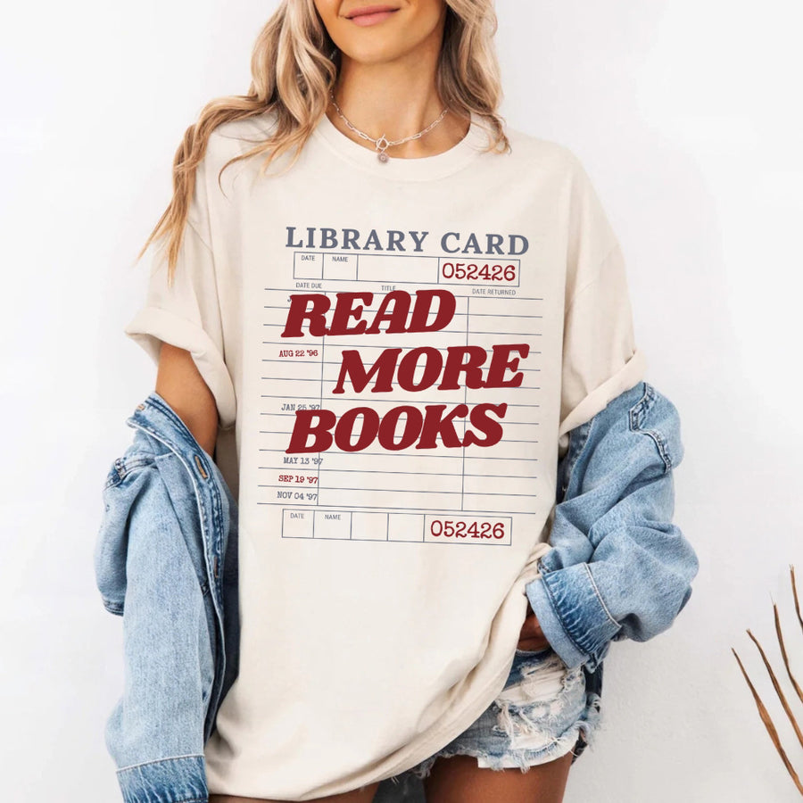 May include Library Card Comfort Colors unisex t-shirt with bookish graphic, relaxed fit, and soft garment-dyed cotton