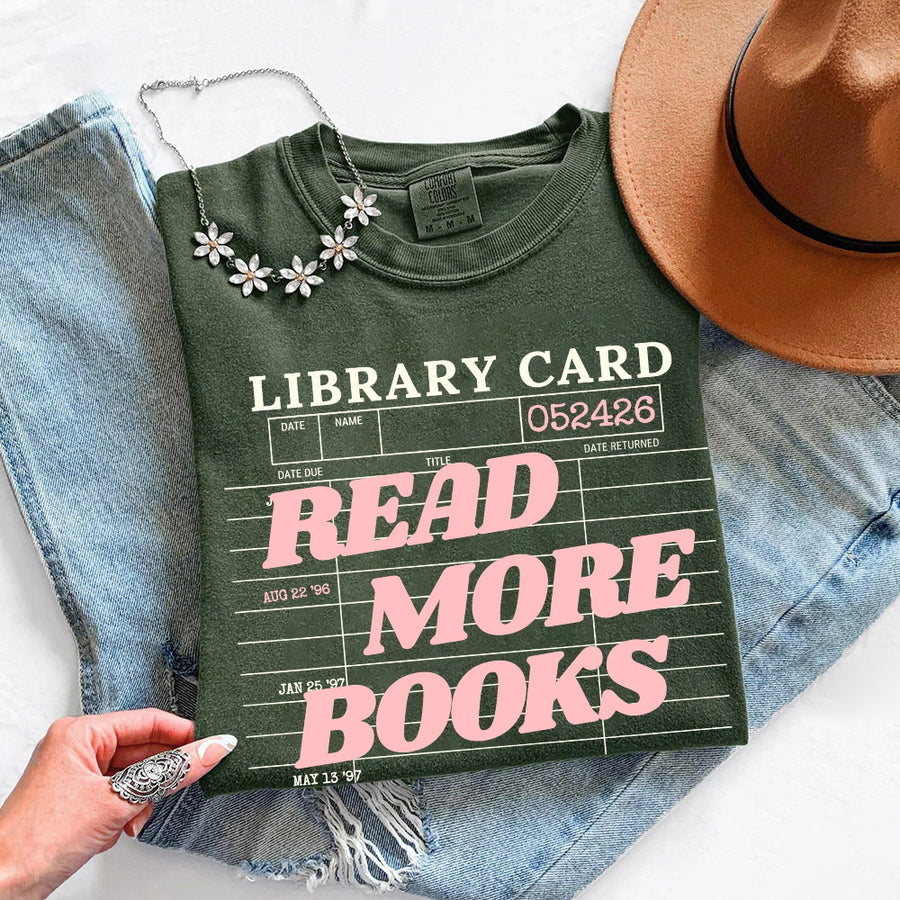 May include Library Card Comfort Colors unisex t-shirt with bookish graphic, relaxed fit, and soft garment-dyed cotton