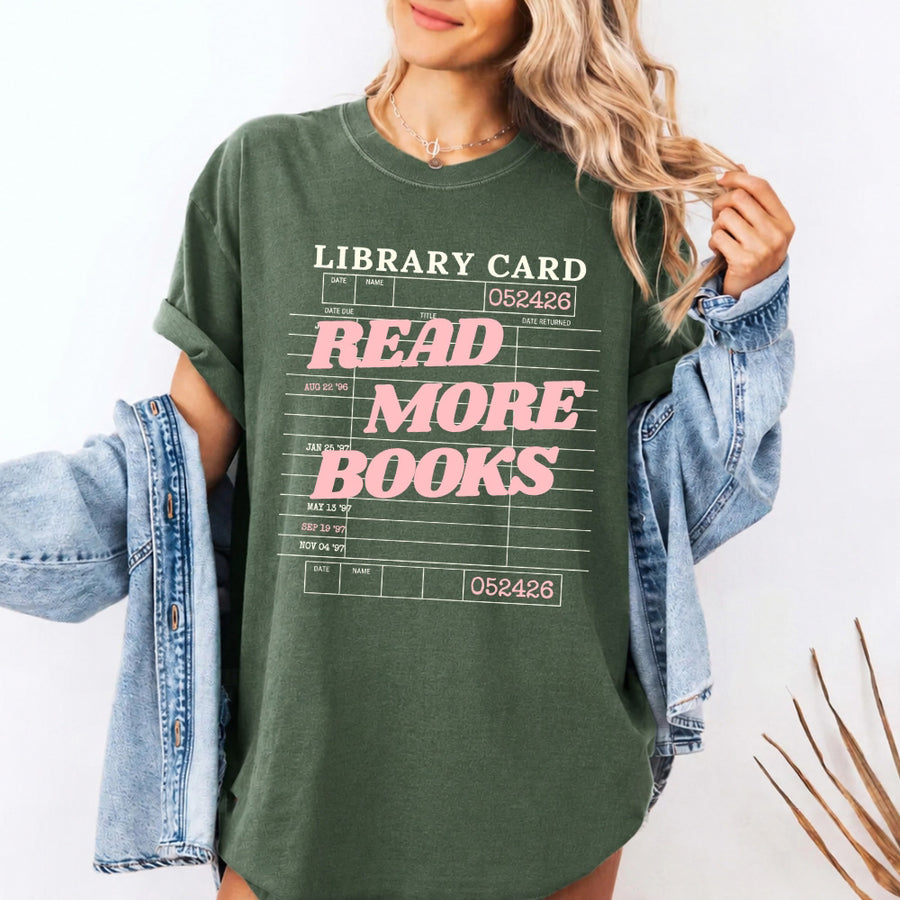 May include Library Card Comfort Colors unisex t-shirt with bookish graphic, relaxed fit, and soft garment-dyed cotton