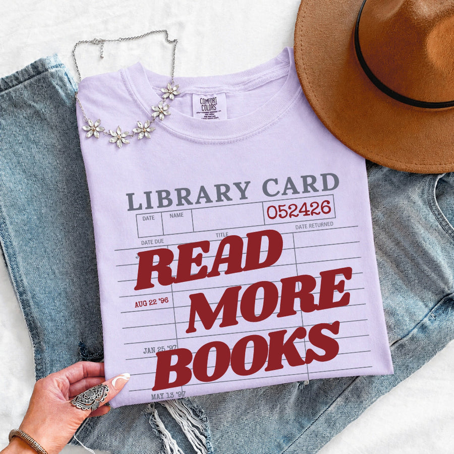 May include Library Card Comfort Colors unisex t-shirt with bookish graphic, relaxed fit, and soft garment-dyed cotton