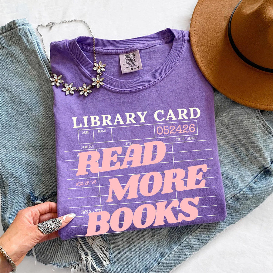May include Library Card Comfort Colors unisex t-shirt with bookish graphic, relaxed fit, and soft garment-dyed cotton