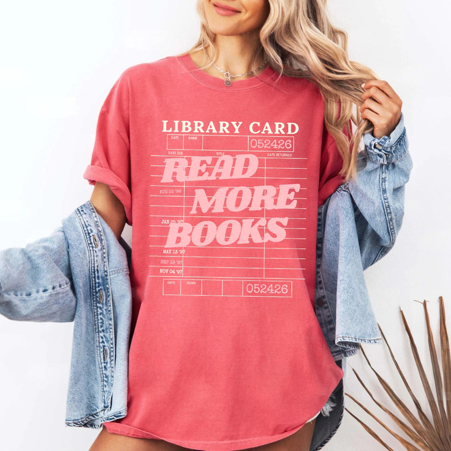 May include Library Card Comfort Colors unisex t-shirt with bookish graphic, relaxed fit, and soft garment-dyed cotton