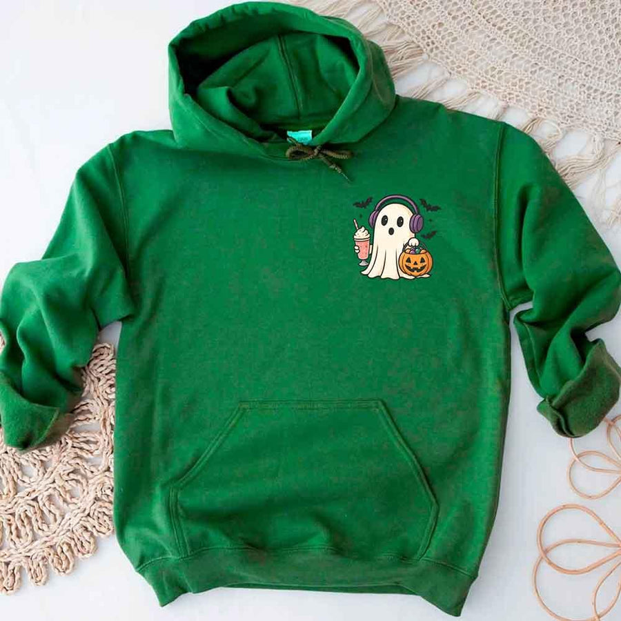 May include a Halloween hoodie featuring a cute little ghost holding an iced coffee, designed as a cozy fall sweatshirt for spooky season.