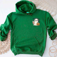 May include a Halloween hoodie featuring a cute little ghost holding an iced coffee, designed as a cozy fall sweatshirt for spooky season.