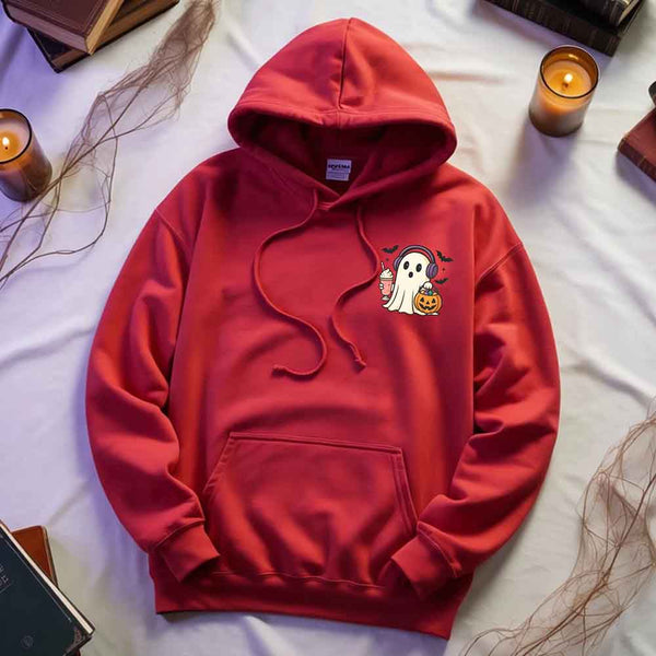 May include a Halloween hoodie featuring a cute little ghost holding an iced coffee, designed as a cozy fall sweatshirt for spooky season.