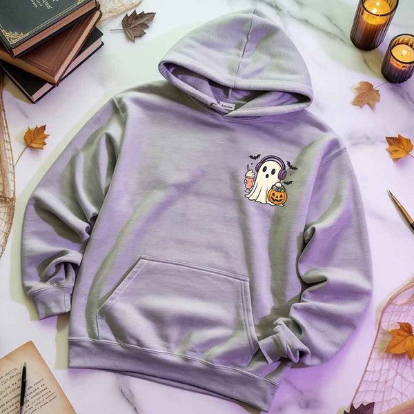 May include a Halloween hoodie featuring a cute little ghost holding an iced coffee, designed as a cozy fall sweatshirt for spooky season.