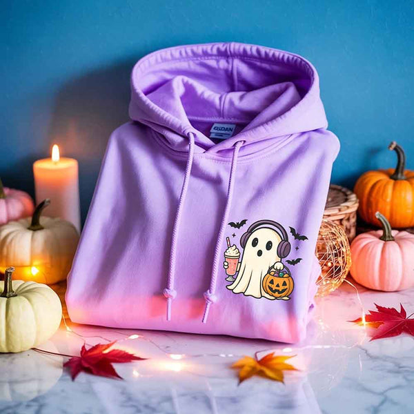 May include a Halloween hoodie featuring a cute little ghost holding an iced coffee, designed as a cozy fall sweatshirt for spooky season.