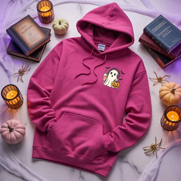 May include a Halloween hoodie featuring a cute little ghost holding an iced coffee, designed as a cozy fall sweatshirt for spooky season.
