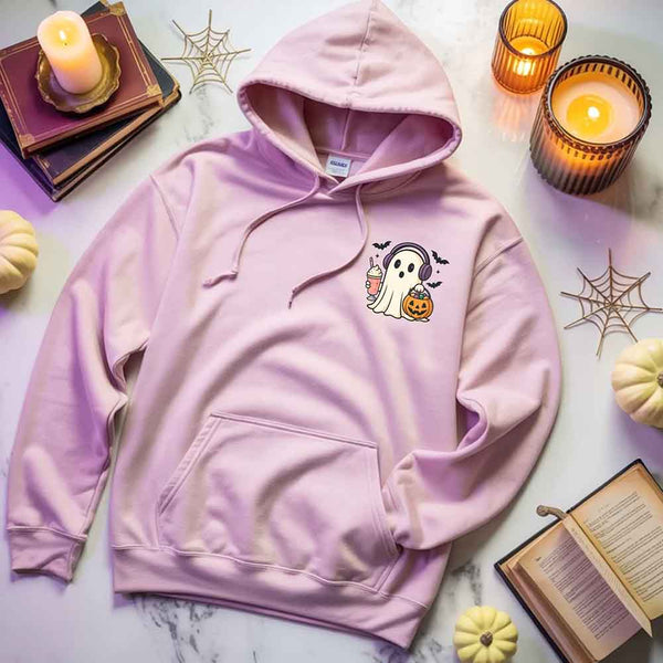 May include a Halloween hoodie featuring a cute little ghost holding an iced coffee, designed as a cozy fall sweatshirt for spooky season.