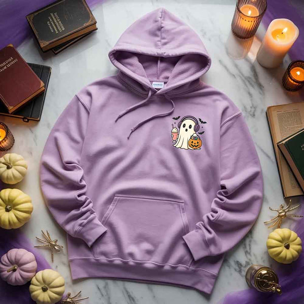 May include a Halloween hoodie featuring a cute little ghost holding an iced coffee, designed as a cozy fall sweatshirt for spooky season.