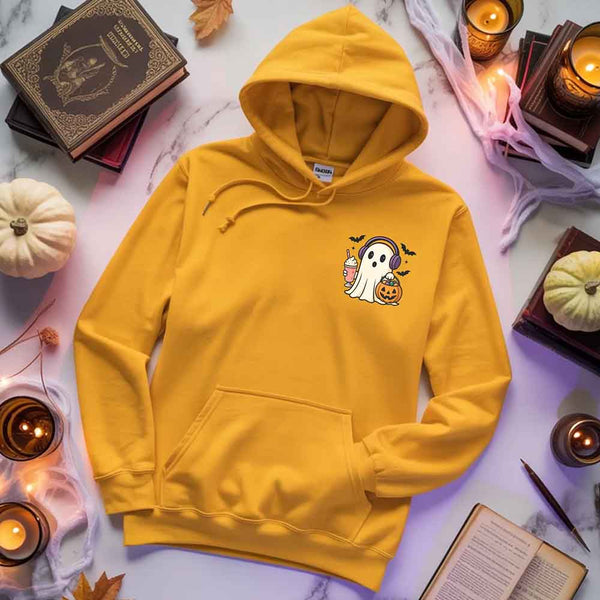 May include a Halloween hoodie featuring a cute little ghost holding an iced coffee, designed as a cozy fall sweatshirt for spooky season.