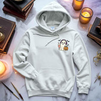 May include a Halloween hoodie featuring a cute little ghost holding an iced coffee, designed as a cozy fall sweatshirt for spooky season.