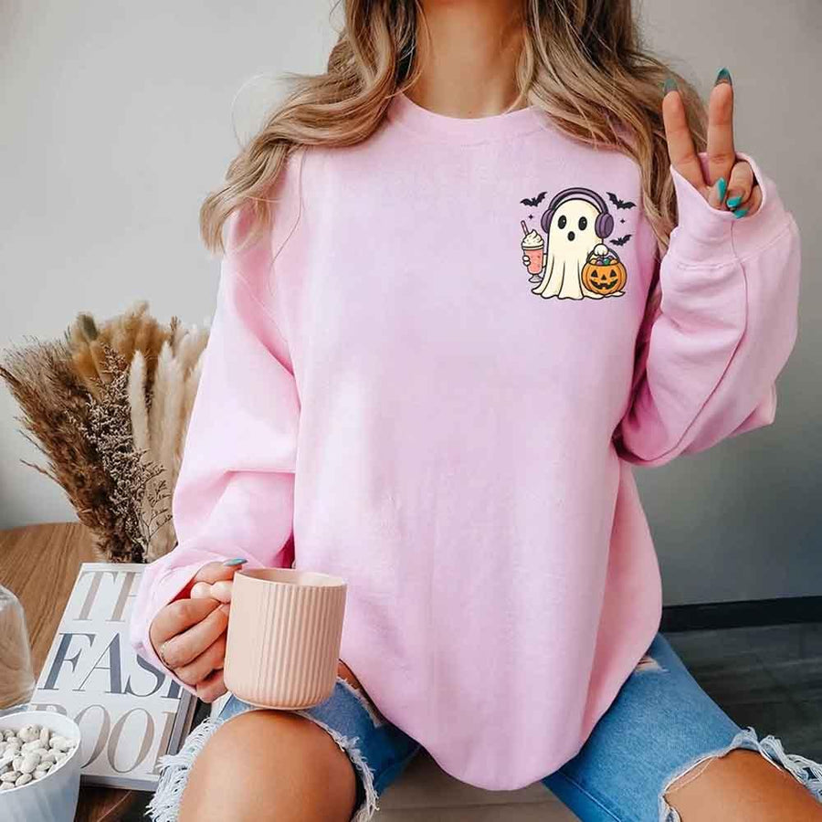 May include cute ghost wearing headphones, holding a milkshake and jack-o’-lantern candy bucket, with flying bats – fun kawaii Halloween graphic tee design.
