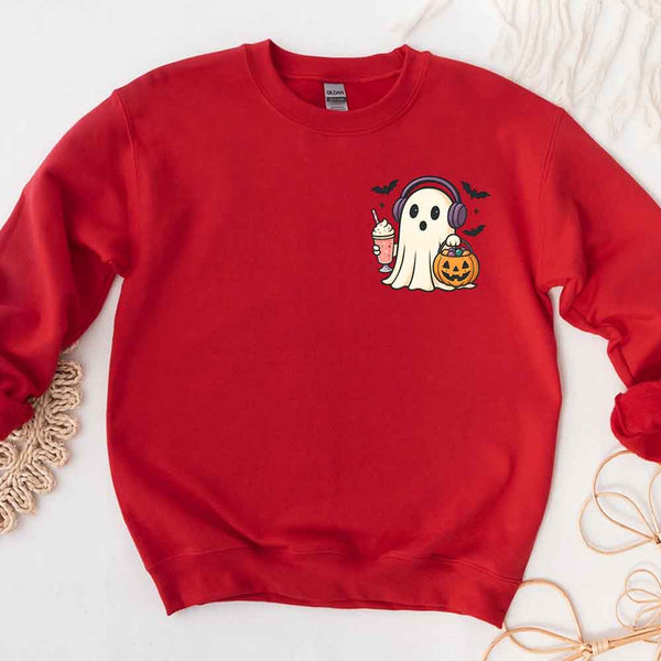 May include cute ghost wearing headphones, holding a milkshake and jack-o’-lantern candy bucket, with flying bats – fun kawaii Halloween graphic tee design.