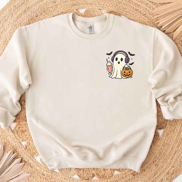 May include cute ghost wearing headphones, holding a milkshake and jack-o’-lantern candy bucket, with flying bats – fun kawaii Halloween graphic tee design.