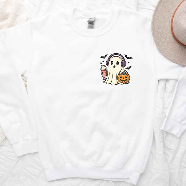 May include cute ghost wearing headphones, holding a milkshake and jack-o’-lantern candy bucket, with flying bats – fun kawaii Halloween graphic tee design.