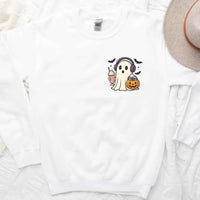 May include cute ghost wearing headphones, holding a milkshake and jack-o’-lantern candy bucket, with flying bats – fun kawaii Halloween graphic tee design.