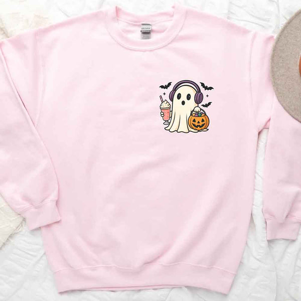 May include cute ghost wearing headphones, holding a milkshake and jack-o’-lantern candy bucket, with flying bats – fun kawaii Halloween graphic tee design.