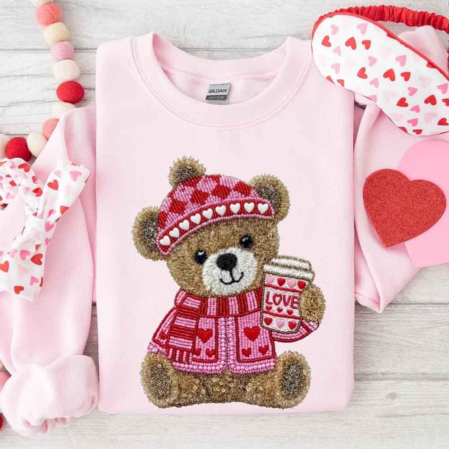 May include a crewneck sweatshirt with a Love Coffee Teddy Valentine design featuring a furry-look 3D printed effect.