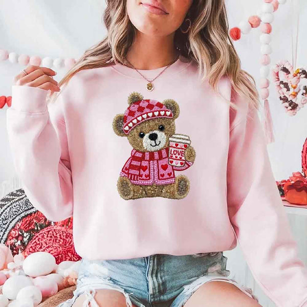 May include a crewneck sweatshirt with a Love Coffee Teddy Valentine design featuring a furry-look 3D printed effect.