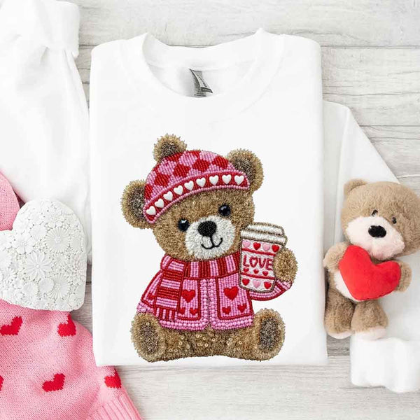 May include a crewneck sweatshirt with a Love Coffee Teddy Valentine design featuring a furry-look 3D printed effect.