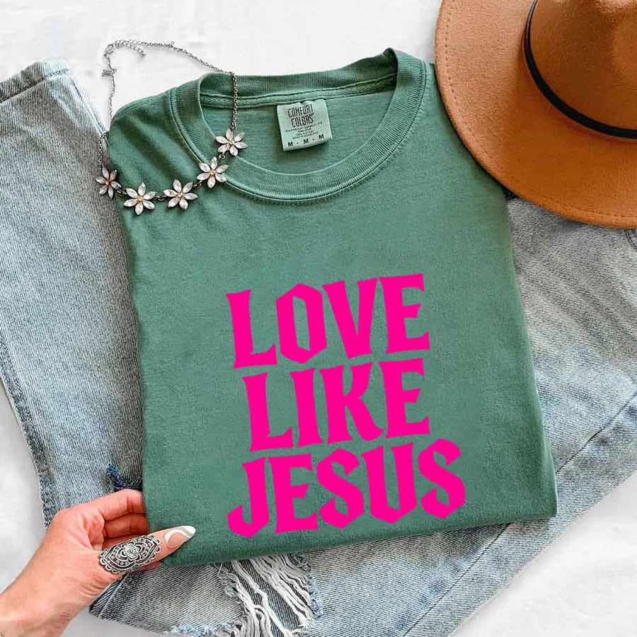 May include Love Like Jesus Comfort Colors faith based message shirt with relaxed fit graphic design