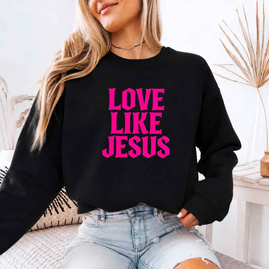 May include Love Like Jesus sweatshirt with faith based message graphic design and relaxed unisex fit