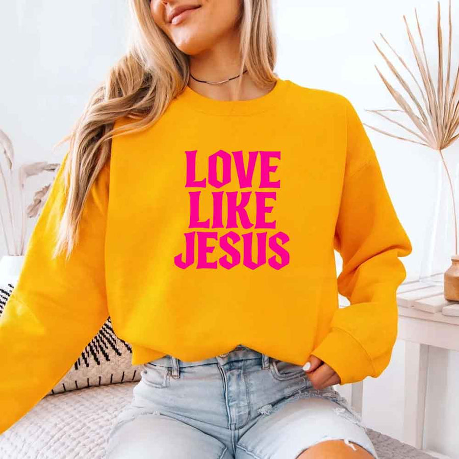 May include Love Like Jesus sweatshirt with faith based message graphic design and relaxed unisex fit