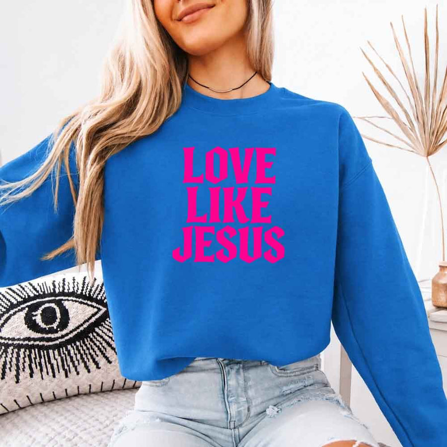 May include Love Like Jesus sweatshirt with faith based message graphic design and relaxed unisex fit