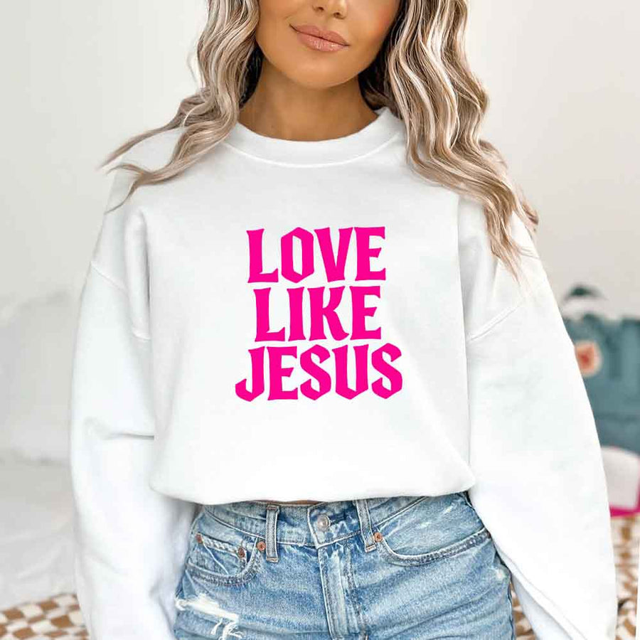May include Love Like Jesus sweatshirt with faith based message graphic design and relaxed unisex fit