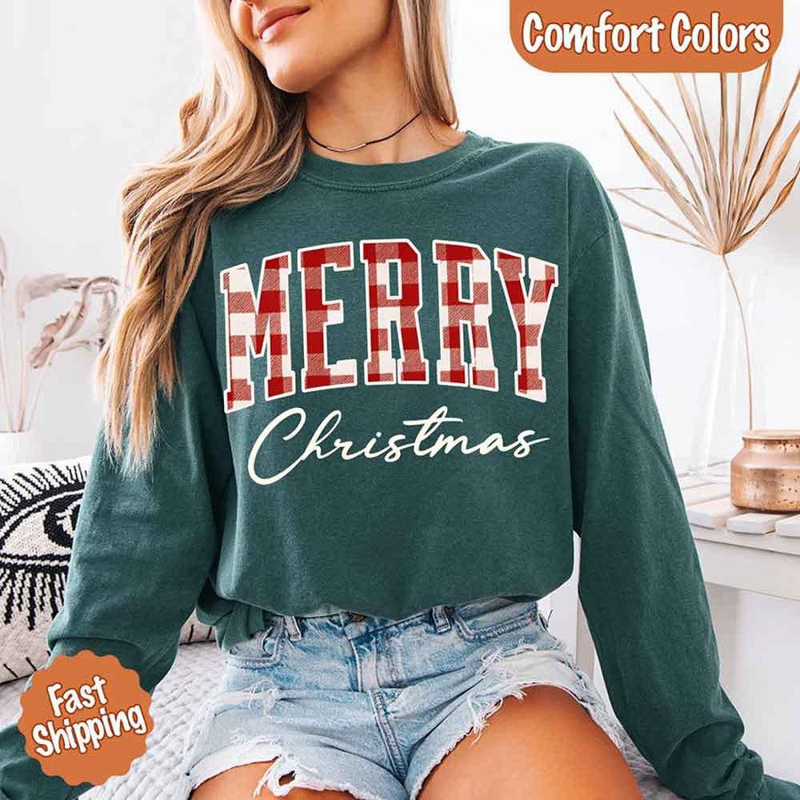 Merry Christmas Comfort Colors Matching Long Sleeve Shirts - Buffalo Plaid Hoodie