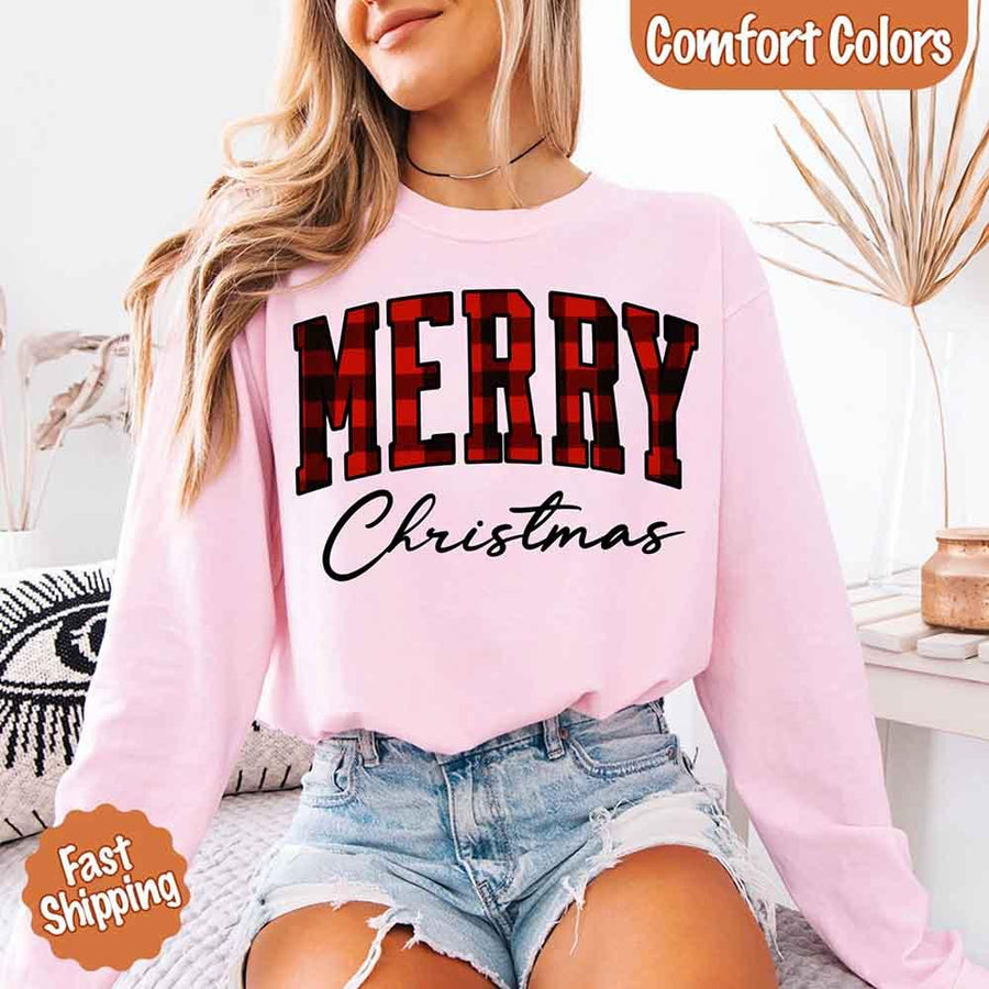Merry Christmas Comfort Colors Matching Long Sleeve Shirts - Buffalo Plaid Hoodie